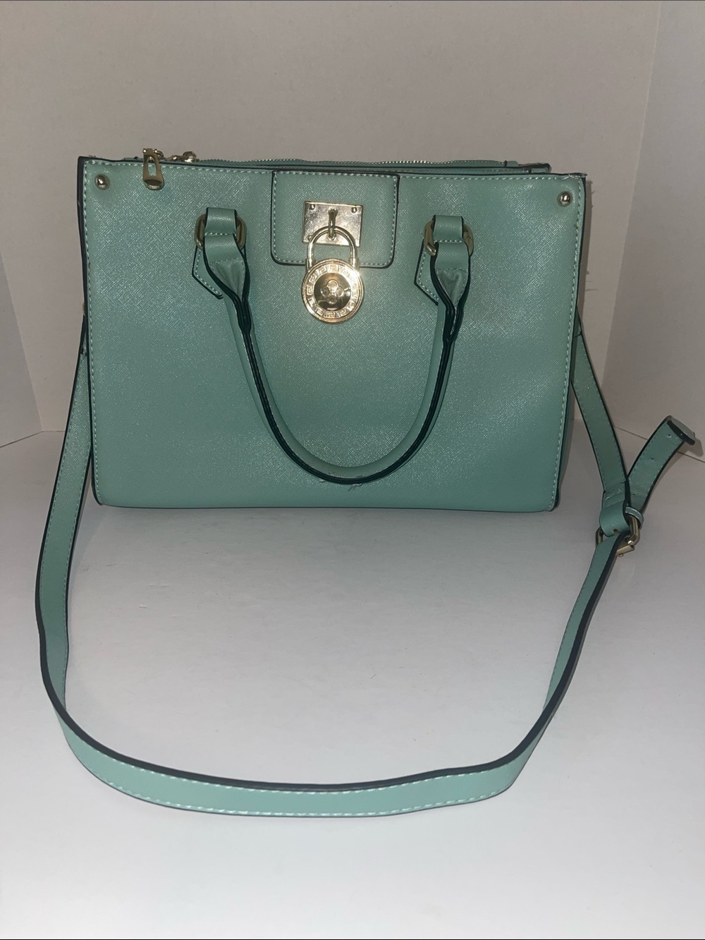 Mint Green Leather Satchel with Gold Lock